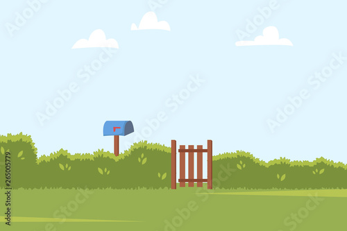 Summer landscape with green bushes fence, wooden side gate and Post box. Home backyard background. Vector illustration