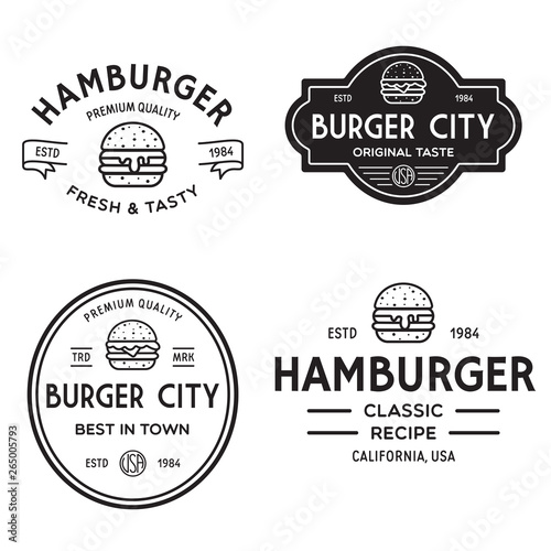 Set of badges, banner, labels and logo for hamburger, burger shop. Simple and minimal design. Vector illustration.