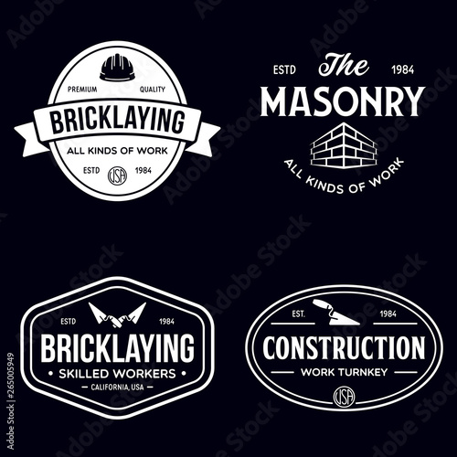 Set of vintage construction and bricklaying labels. Posters, stamps, banners and design elements. Vector illustration