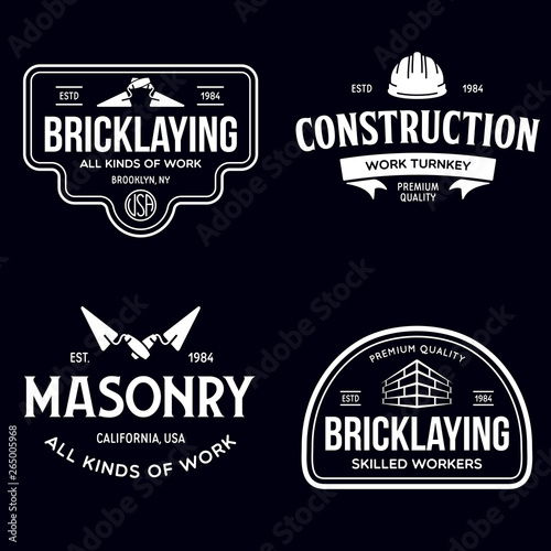 Set of vintage construction and bricklaying labels. Posters, stamps, banners and design elements. Vector illustration