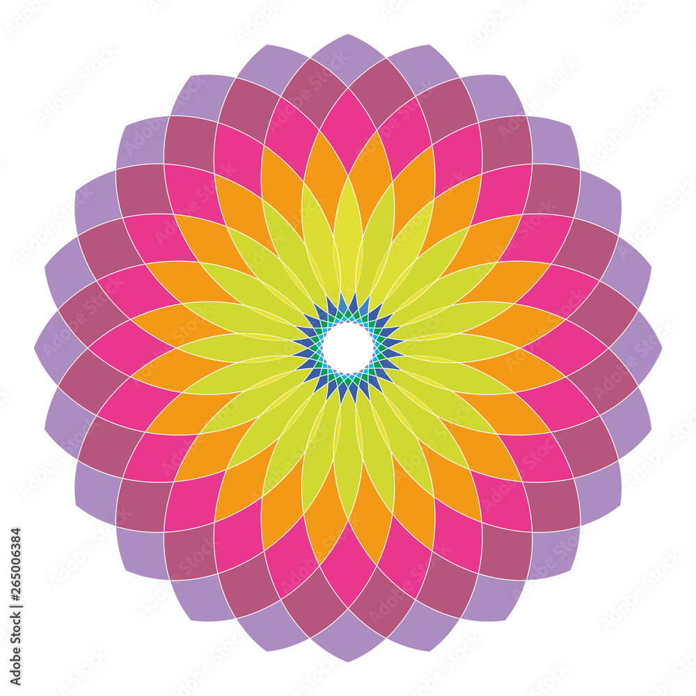 Obraz premium transparent mosaic spirograph pattern in purple, pink, orange,yellow, green and blue