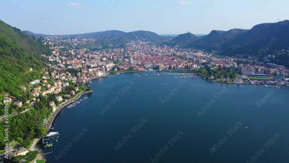 Aerial drone video of famous beautiful village of Como in lake Como one of the deepest in Europe, Lombardy, Italy Aerial drone video of famous beautiful village of Como in lake Como one of the deepest in Europe, Lombardy, Italy