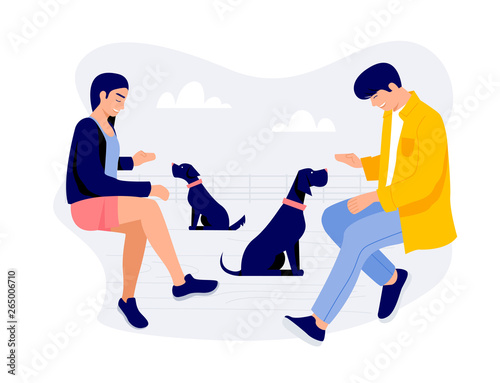 Two young people with dogs Vector illustration