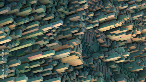 Abstract cubic landscape background. 3D rendering illustration. Geometry patterns. Random 3D cubes.