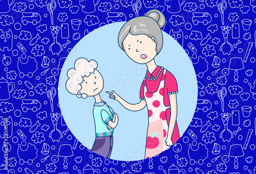 Mom scolds her son, relationships with parents, emotional scene. Vector cartoon illustration