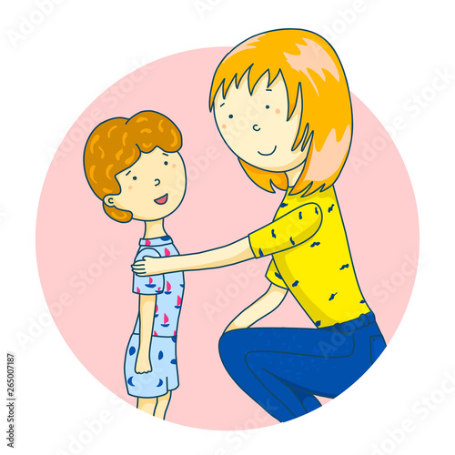 Mom is talking to her son. Concept of parent support. Vector illustration