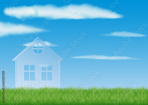 transparent project of the future private house on a green field. background blue sky and white clouds. template announcement of the development of the area