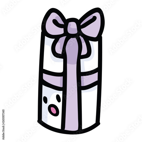 Cute purple gift box with kawaii face cartoon vector illustration motif set. Hand drawn birthday present wrapping ribbon. Pastel christmas party graphics. Decorative suprise web buttons.