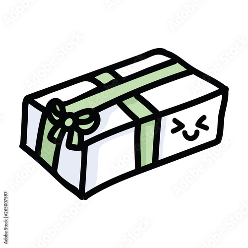 Cute green present cartoon with kawaii face vector illustration motif set. Hand drawn birthday gift box wrapping ribbon. Pastel christmas party graphics. Decorative suprise web buttons.