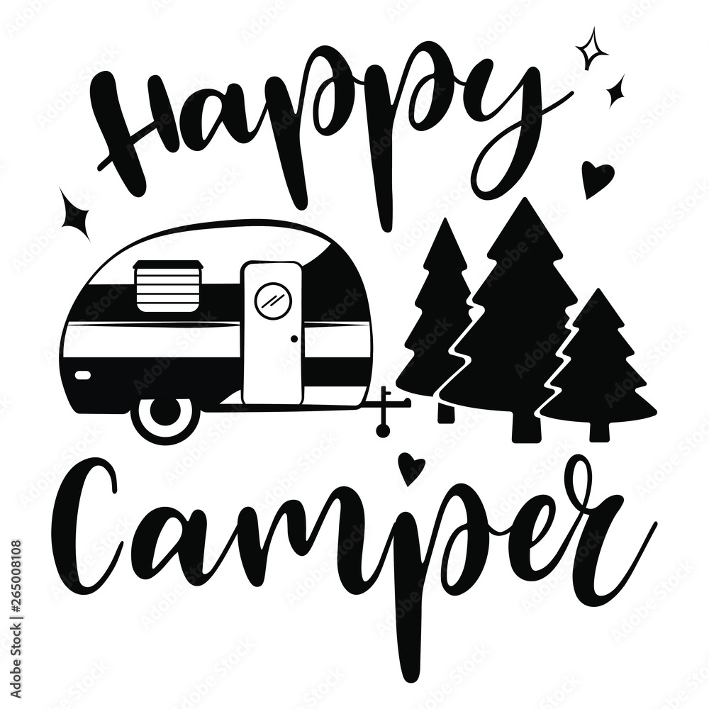 Happy Camper vector download. Mobile recreation. Happy Camper trailer in  sketch silhouette style. Stock Vector