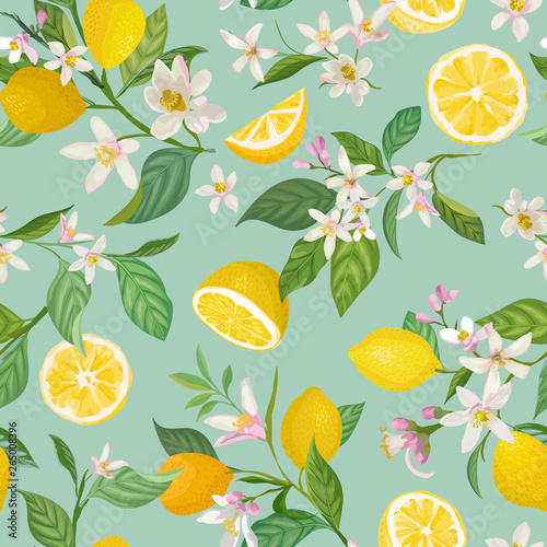Fototapeta Seamless Lemon pattern with tropic fruits, leaves, flowers background. Hand drawn vector illustration in watercolor style for summer romantic cover, tropical wallpaper, vintage texture