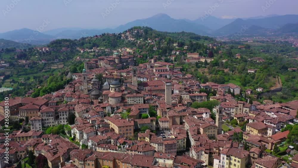 Aerial drone panoramic video of iconic old fortified upper Medieval city of Bergamo, Lombardy, Italy Aerial drone panoramic video of iconic old fortified upper Medieval city of Bergamo, Lombardy, Italy
