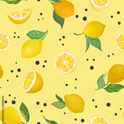 Seamless fruit pattern with lemons, leaves, flowers background. Hand drawn vector illustration in watercolor style