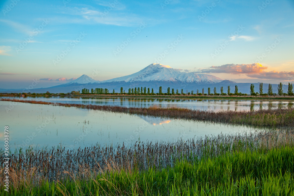Obraz premium ararat mountain with lake in sunset