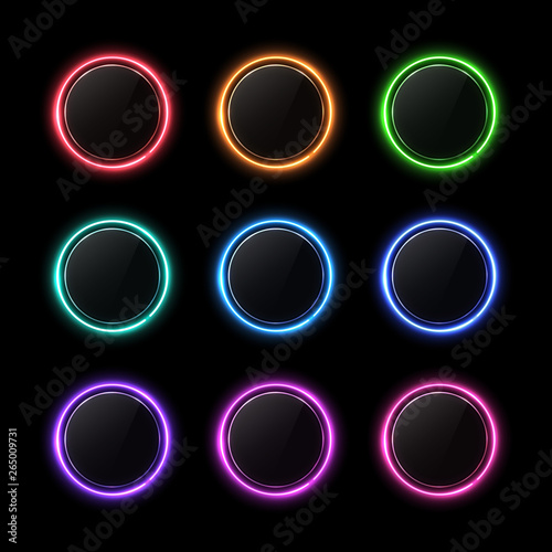 Color buttons set. Neon circle with light effect. Glossy glass texture banner with glare on black background. Round glowing sign for web interface infographic internet site report. Vector illustration