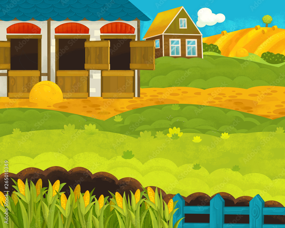 cartoon happy and funny farm ranch scene with happy animals ...