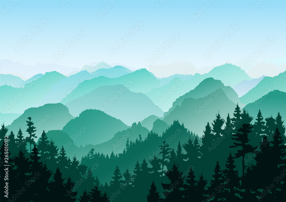 Flat mountain  landscape. Mountains and forest. Tourism and travelling. Vector flat design
