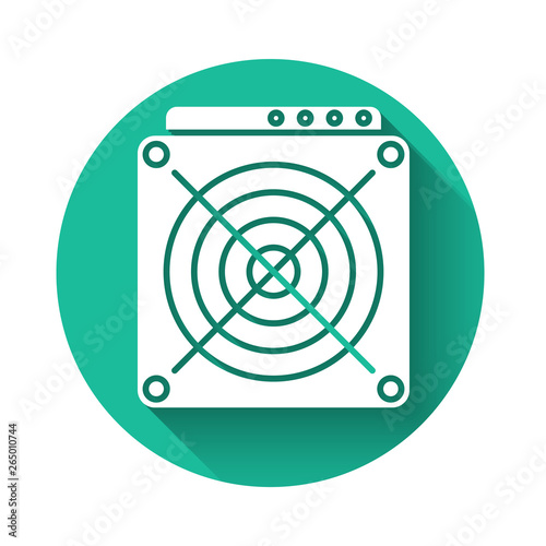 White ASIC Miner icon isolated with long shadow. Cryptocurrency mining equipment and hardware. Application specific integrated circuit. Green circle button. Vector Illustration