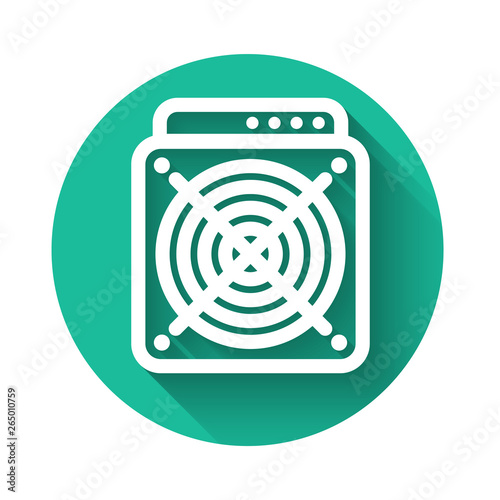 White ASIC Miner icon isolated with long shadow. Cryptocurrency mining equipment and hardware. Application specific integrated circuit. Green circle button. Vector Illustration