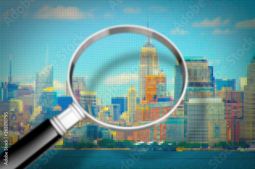 Getting to know Manhattan - Concept image seen through a magnifying glass with pixelation effect - Manhattan waterfront - New York City (USA)