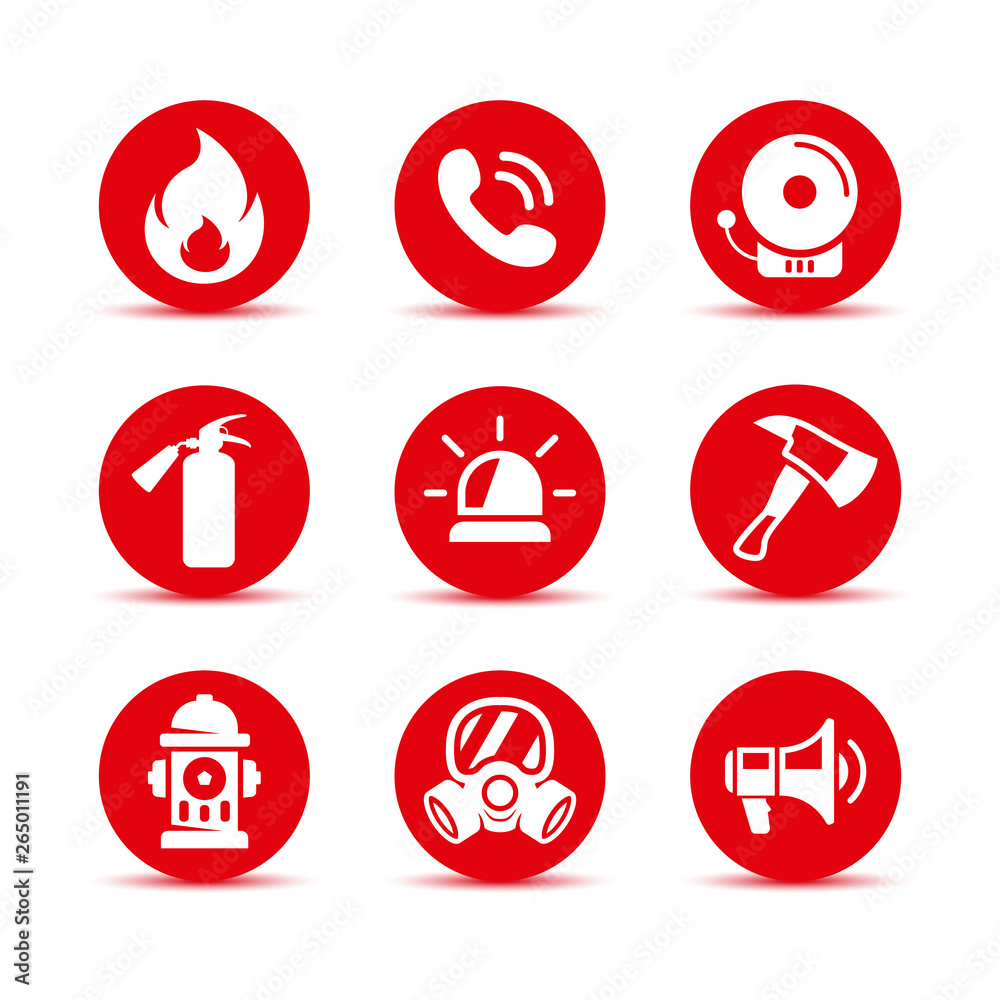 Fire safety icons set. Fire emergency icons set. Vector signs Fire safety icons set. Fire emergency icons set. Vector signs