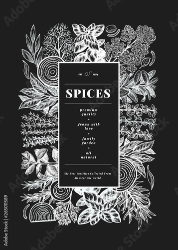 Culinary herbs and spices banner template. Hand drawn vintage botanical illustration on chalk board. Vector background for design menu, packaging, recipes, label, farm market products.