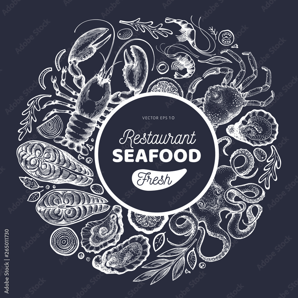Seafood and fish design template. Hand drawn vector illustration on chalk board. Food banner. Can be used for design menu, packaging, recipes, label, fish market, seafood products.