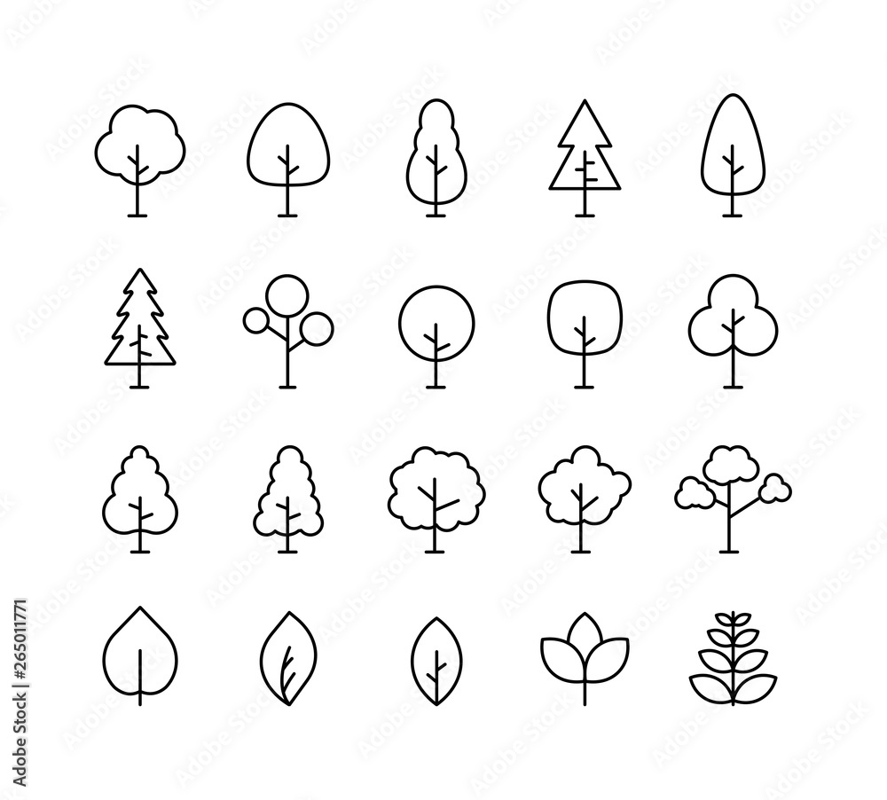 Big collection Tree. Tree line icon. Wood. Plant. Vector illustration. - obrazy, fototapety, plakaty 