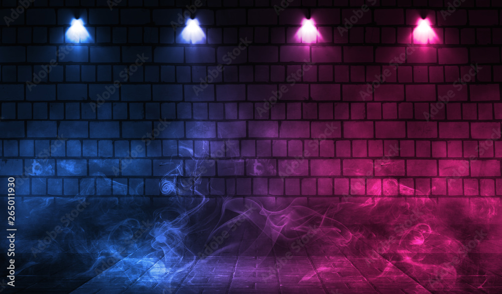 Empty scene background. Brick wall with multicolored neon lights and smoke.  Neon shapes on a dark background. Dark abstract background Stock Photo |  Adobe Stock