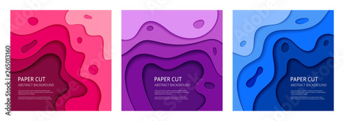 3d effect abstract background. Colorful cut out paper, set of 3 vector design templates.
