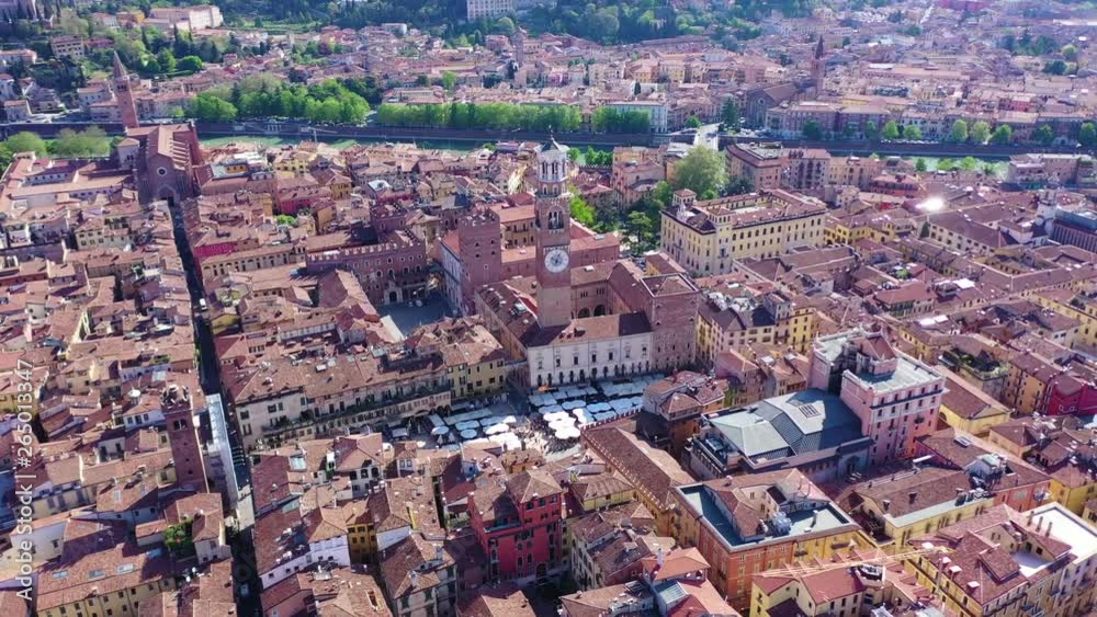 Aerial drone video of iconic Erbe square or piazza Erbe featuring Lamberti Tower in the heart of Verona, Veneto, Italy Aerial drone video of iconic Erbe square or piazza Erbe featuring Lamberti Tower in the heart of Verona, Veneto, Italy