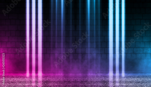 Empty scene background. Brick wall with multicolored neon lights and smoke. Neon shapes on a dark background. Dark abstract background