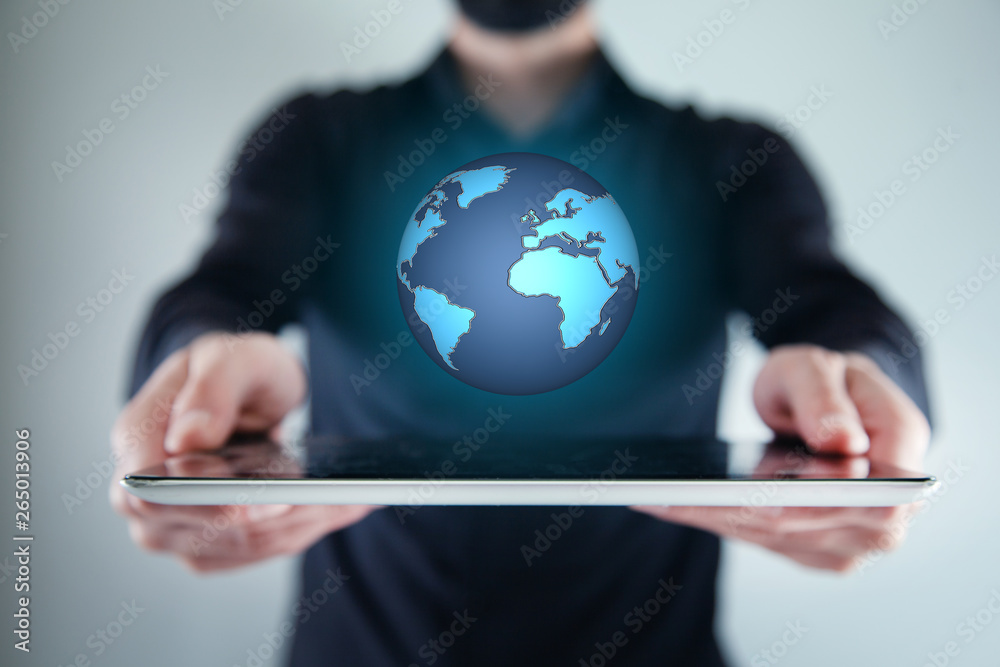 man hand tablet with globe in screen man hand tablet with globe in screen