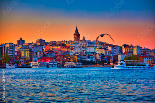 View of the Istanbul City of Turkey. Historical Galata Tower and sunset at Bosphorus. © Hakan Tanak