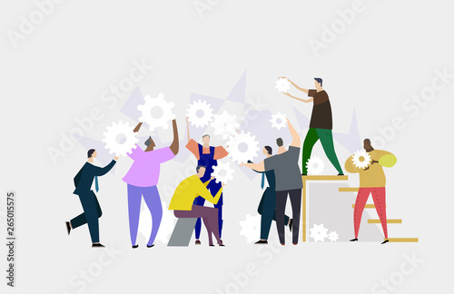 Team working together. Lots of people holding and rotating gears. Busy business life. Flat design human's characters in colourful clothes. 