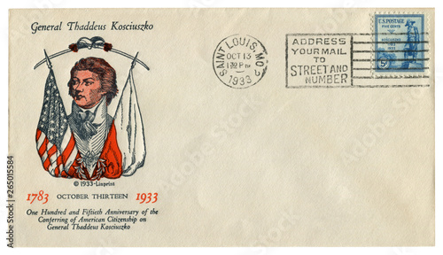 Saint Louis, The USA - 13 October 1933: US historical envelope: cover with cachet General Thaddeus Kosciuszko, postage stamp, statue of the hero 1783-1933, five cents, cancellation address your mail