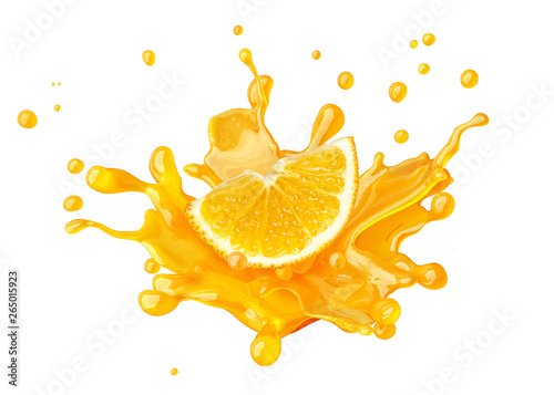 Fresh ripe orange slice and juice or smoothie splash swirl. Tasty juice splashing, orange juice isolated. Liquid healthy food or drink tropical fruit design element. 3D render photo