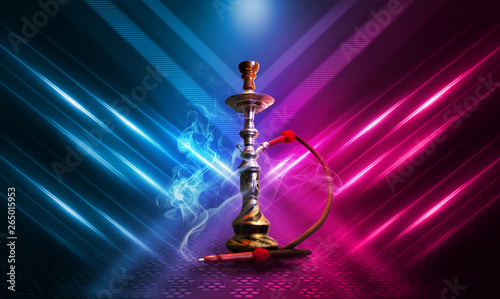 Hookah, smoke on a dark abstract background. Background of empty scenes with multicolored neon lights, reflection of night lights on wet pavement