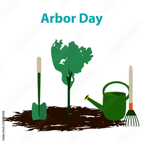 Arbor Day. 29 April. Tree. Garden tools. Shovel, rake, watering can. Vector illustration