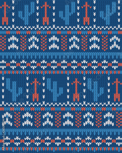 seamless striped vector pattern with tribal motifs, knitted warm background