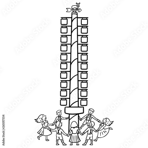 Bavarian traditional maypole in black and white dancing around people in traditional costumes and holding hands. Vector drawing, isolated.