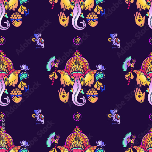 Vector seamless pattern of hand drawn Hindu God Ganesha.
