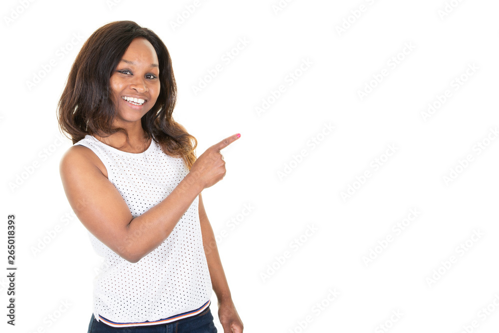 Young businesswoman African American at you pointing left copy space empty for text Young businesswoman African American at you pointing left copy space empty for text