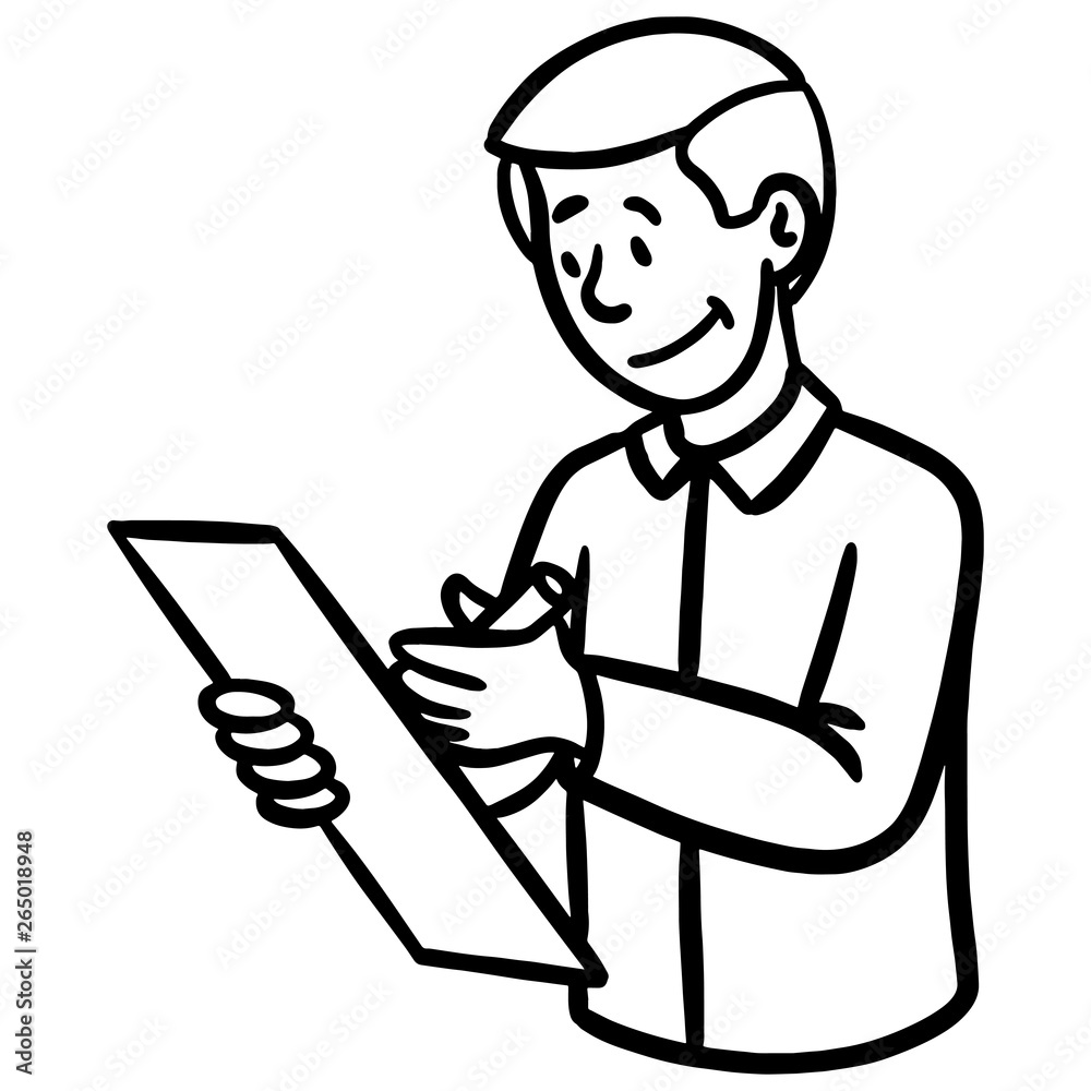 a man with a note and pen in hand writes something down. black white cartoon vector illustration.