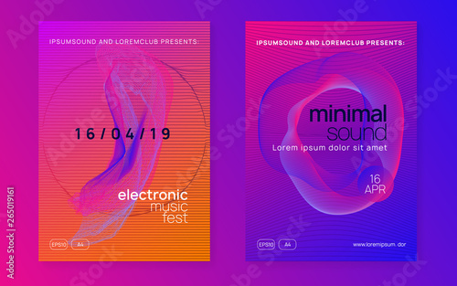 Neon edm flyer. Electro trance music. Techno dj party. Electronic sound event. Club dance poster.