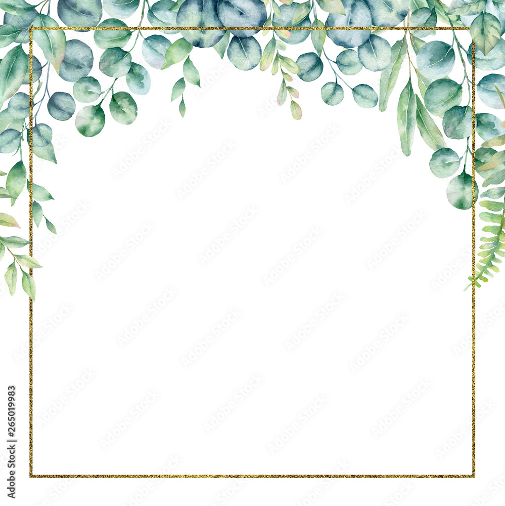 Obraz premium .Watercolor hand painted frame with tropical green leaves. Frame for wedding invitations, save the date or greeting cards..