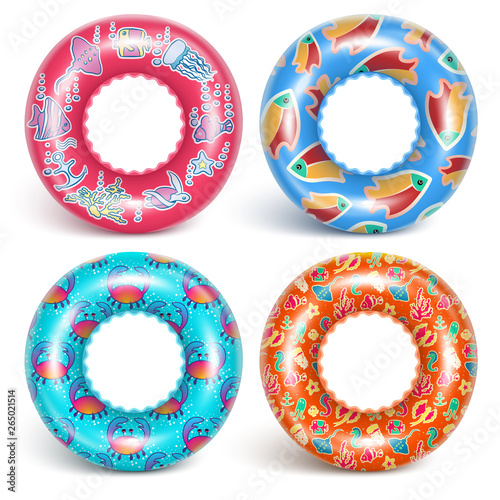 4 inflatable rings with a pattern. A set of accessories for swimming. With a pattern of fish and sea dwellers. Realistic image. Isolated on white background. Vector