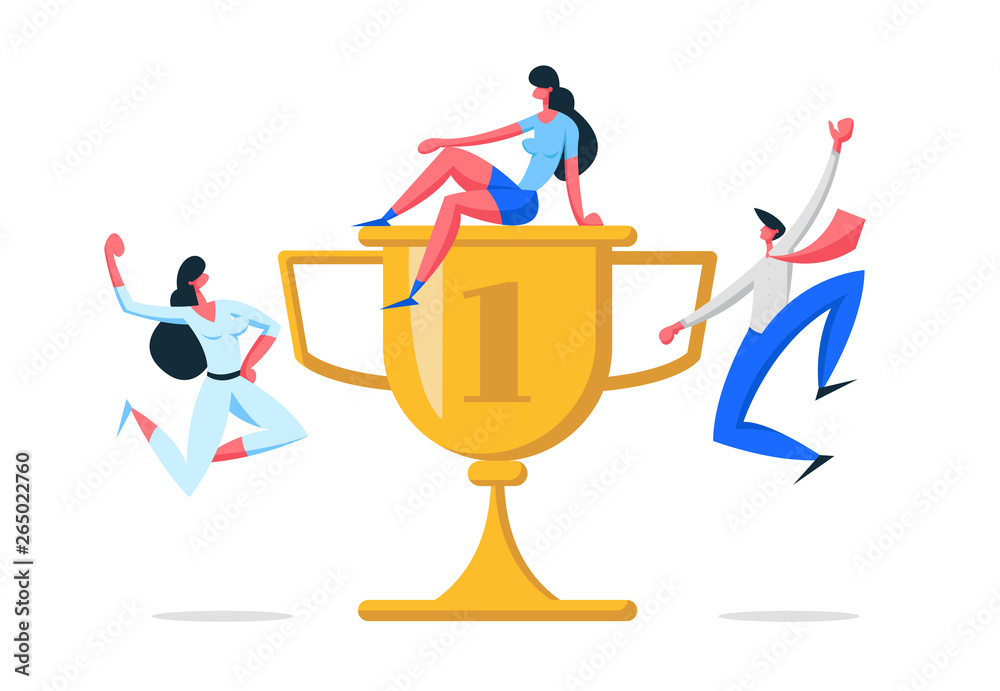 Business Team Success Concept with Characters and Golden Prize. Teamwork Achievement, Victory Celebration, Career Growth Man and Woman Celebrating with Trophy. Vector flat illustration Business Team Success Concept with Characters and Golden Prize. Teamwork Achievement, Victory Celebration, Career Growth Man and Woman Celebrating with Trophy. Vector flat illustration