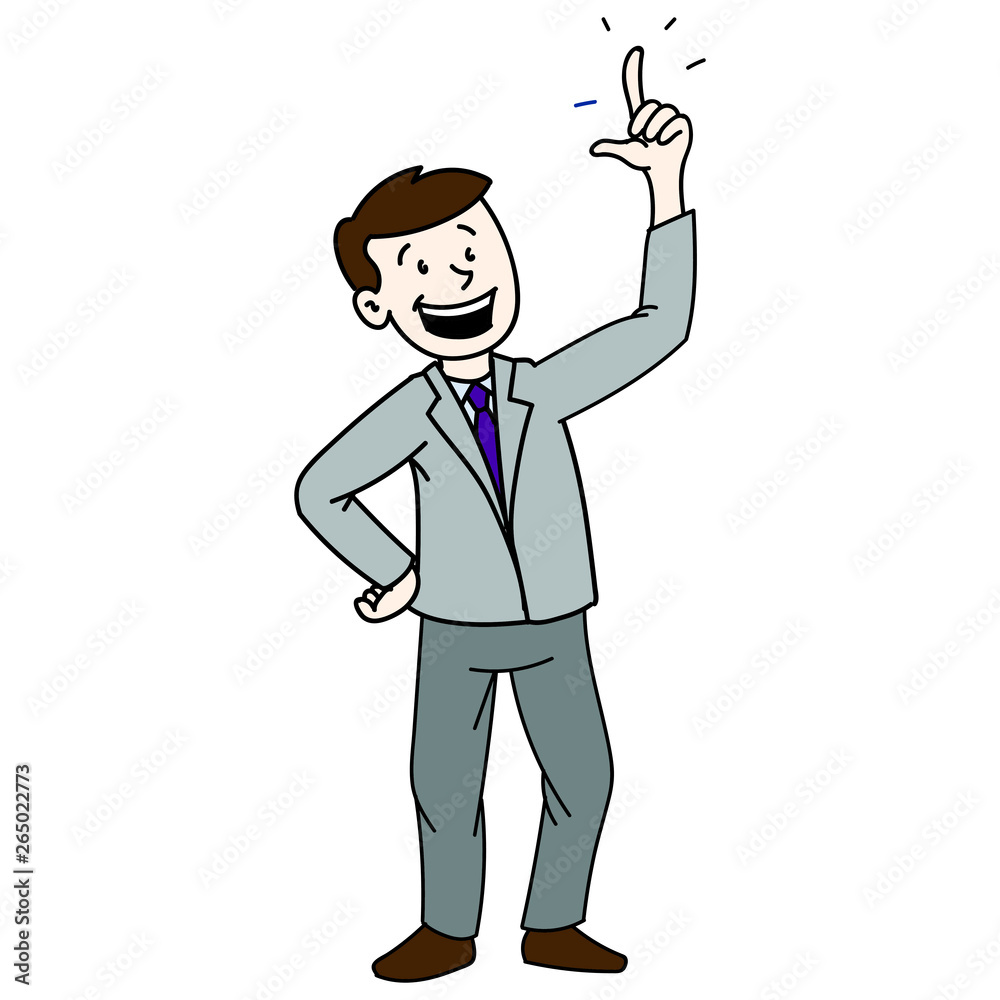 Vector drawing of a businessman who has an idea and snaps with his fingers. Grauger suit, laughing face. Vector drawing of a businessman who has an idea and snaps with his fingers. Grauger suit, laughing face.
