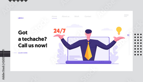 Online Technical Support 24/7 Service Landing Page. Hotline Operator Character. Customer Service Call Center Concept. Male Assistant Advises Client Website Banner. Vector flat cartoon illustration